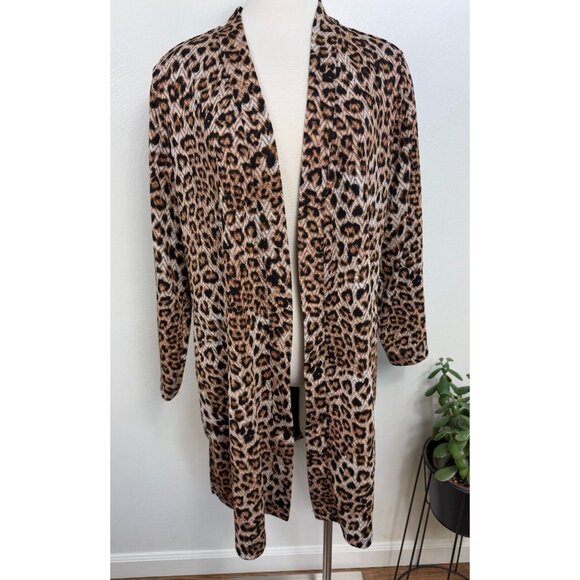 Susan Graver Womens Leopard Print Open Long Cardigan Size XLP Pockets Stretch - Picture 1 of 15